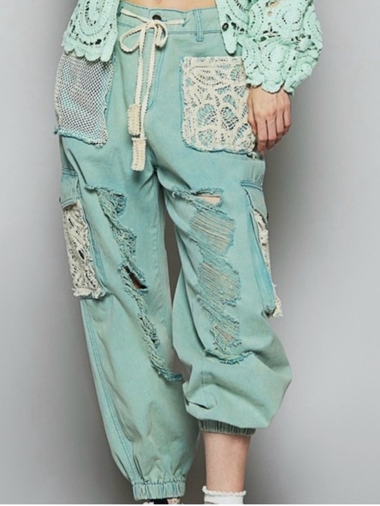 POL Pants - POL Mint Green Distressed Cargo Joggers with Crochet Patchwork Women Small